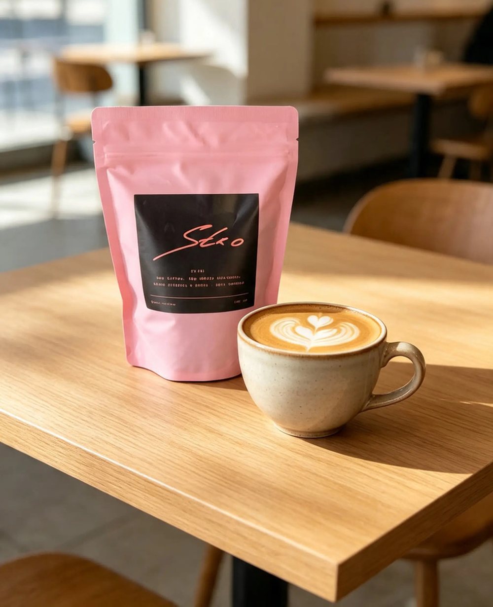 STRO coffee bag on a café table next to a fresh latte